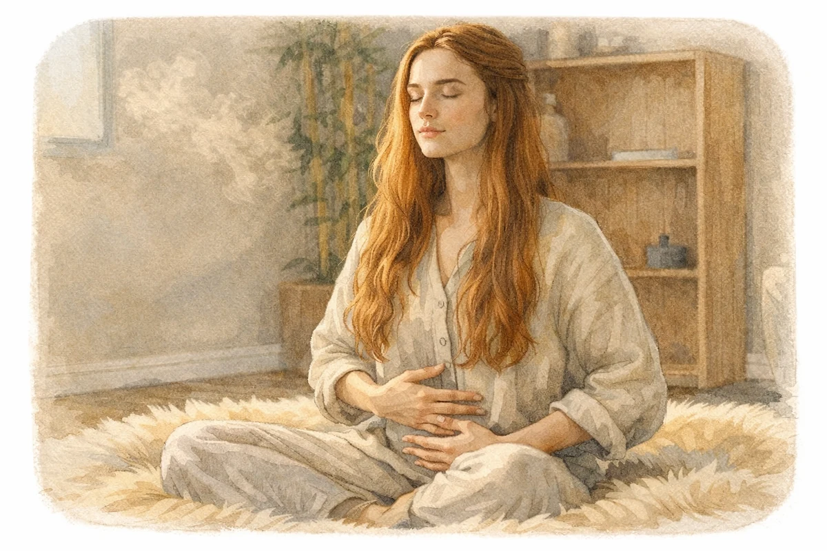 Illustration douce d’une personne assise, les yeux fermés, une main sur le ventre, pour accompagner un exercice rescue de respiration