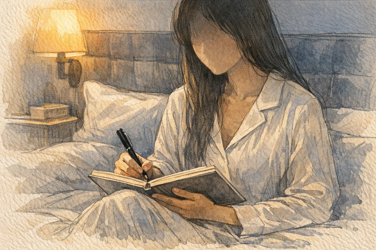 Illustration douce d’une personne écrivant dans un carnet le soir